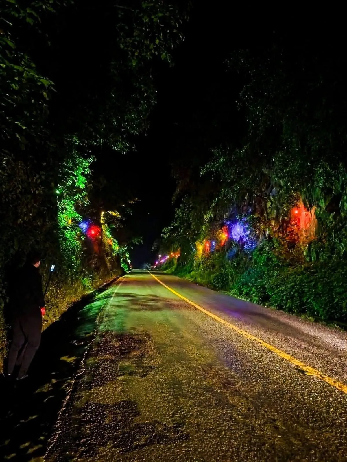 Carretera de montaña iluminada de noche en Pinal de Amoles